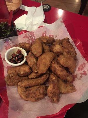 Fried wings -- super crunchy! Comes with a side of sweet soy sauce