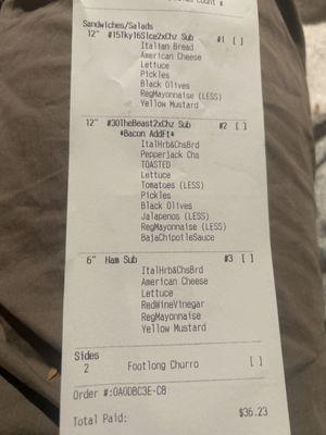 Receipt for the sandwich that was made incorrectly