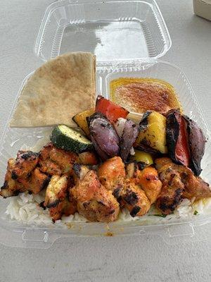 Chicken Kabob(dark meat) plate with hummus, garlic sauce, and pita bread