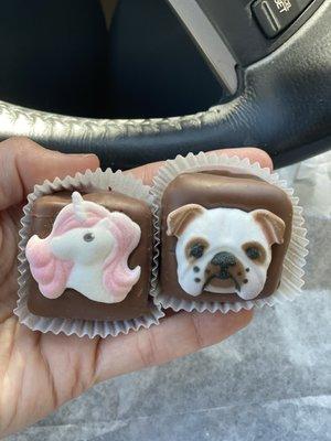 Chocolate covered marshmallow with sugar animal on top