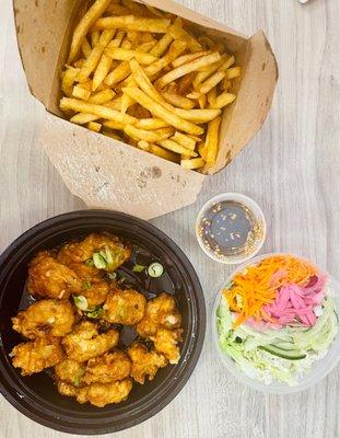 Shrimp with salad and honey butter fries