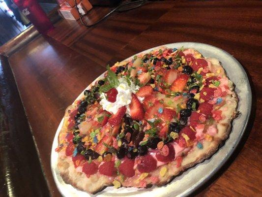 Is what's for dessert. Strawberry Cream-cheese for the sauce, topped with fruit, fresh mint,lemon zest Fruit flavored breakfast cereal.