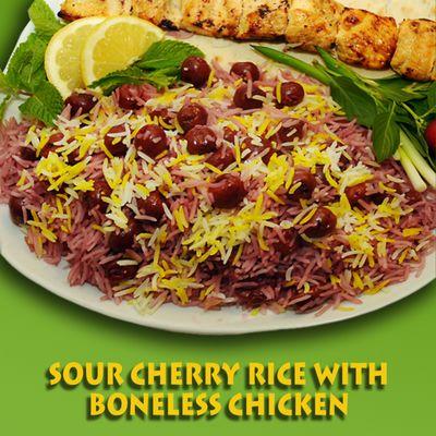 Boneless chicken served with cherry rice