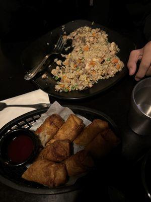 Combination fried rice with eggrolls