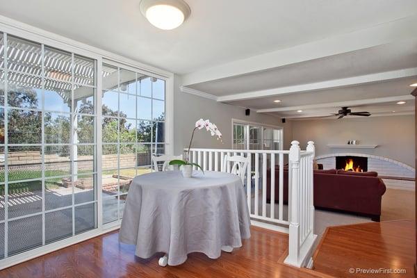 Mission Viejo - Eating area with backyard views and open to family room and wood ceiling beams  #kevco #kevcobz #firstteam #missionviejo