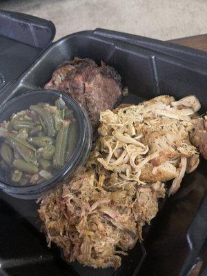 Green beans, Brisket, Pulled Pork, and Pulled Chicken.