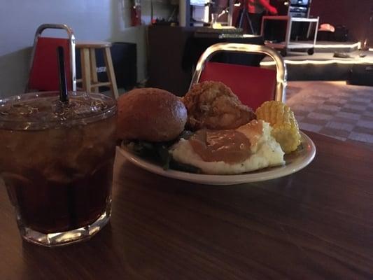 Yummy!  Salad fried chicken mash potatoes and desert for $8.00!