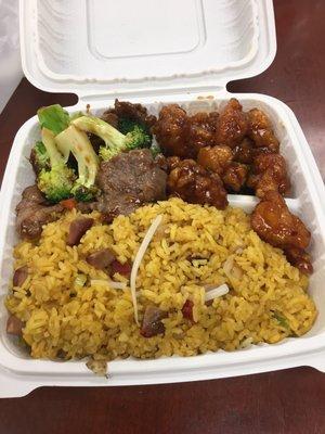 Daily special. Beef and broccoli and general tso with pork fried rice