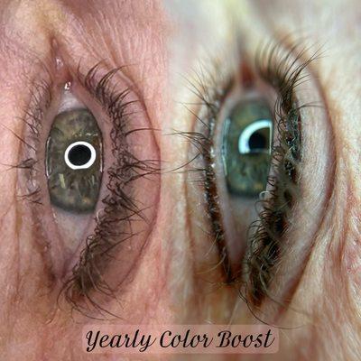 Upper and Lower Eyeliner tattoo yearly color boost.  This style is called Smokey Lash enhancement.