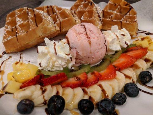 Fruit waffle with strawberry ice cream. $10.99.