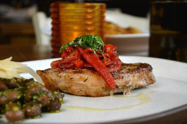 MAIALE: grilled durac pork chop, borlotti beans, basil pesto, roasted red pepper, saba