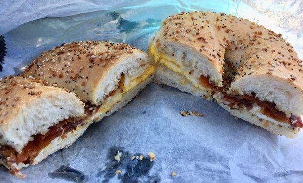 Bacon egg and cheese on everything bagel untoasted inside view