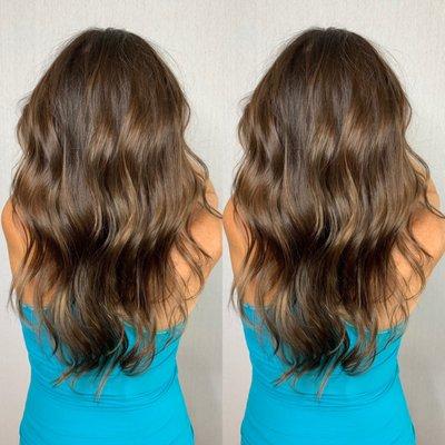 We darkened her old highlights with a Demi color to create a very soft natural looking brunette.