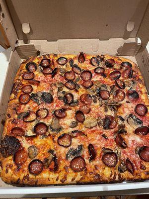 16 Slices Grandma's Sicilian with cup char pepperoni and mushrooms.