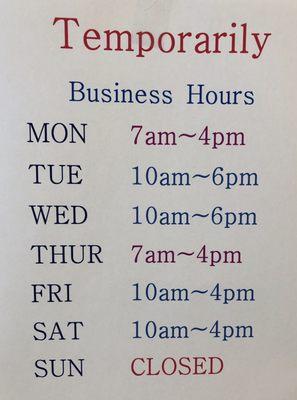 Temporary change to business hours due to COVID-19.