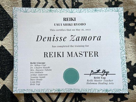 Reiki master certificate