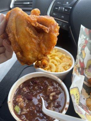 Wing (Spicy) red beans & rice, and Mac & cheese