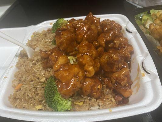 Combination pork fried rice and general tsos chicken. Classic!