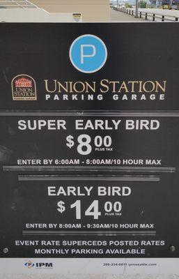 Sign doesn't mention early bird ends at 7pm when the garage closes. $85 charge (posted elsewhere) after hours fee.