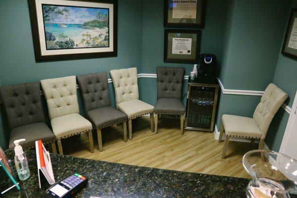 We have a waiting room but pride ourselves on running our practice so efficient - you won't spend much time here!