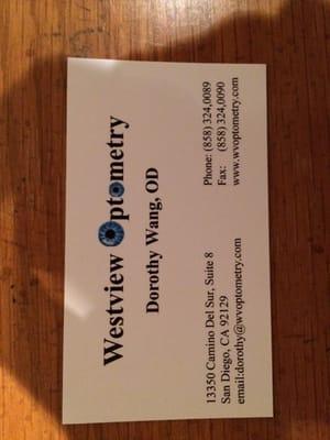 Card they gave me after my exam-info on Westview Optometry