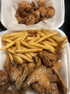 10 piece fried wings with fries and a 10 piece shrimp