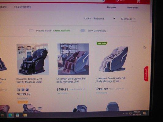 Chair in the middle states $499.  and "Free Shipping"!!! BJ' did not honor this ad.