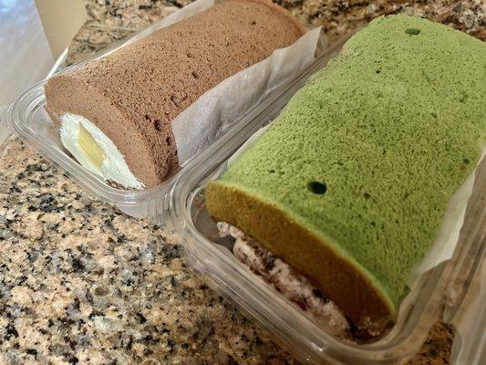 Chocolate Roll Cake w/Pudding Filling- 3/5 stars, Matcha Roll Cake w/Red Bean Filling- 2.5/5 stars