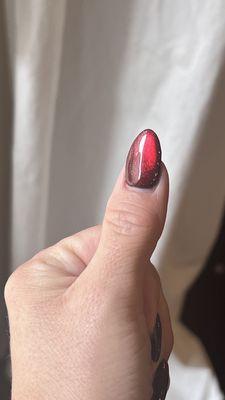 Nails by Danny at Excel: black powder base with cat eye and red gel over the top. Love!!!