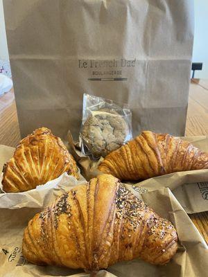 The spread: everything croissant, plain croissant, guava & cheese turnover, Buckwheat Chocolate Chip Cookie