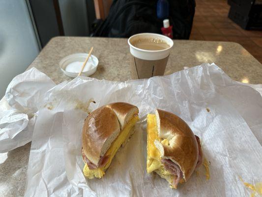 Bagel with cheese, egg, ham