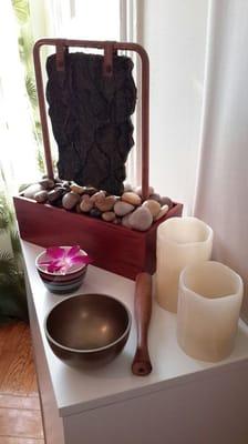 Relax to the sound of our Feng Shui fountain and Tibetan singing bowl.