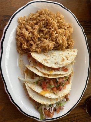 Chicken Tacos with a soft shell! no beans, double rice!