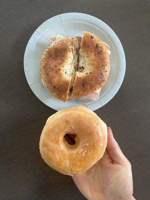 size comparison of glazed raised donut & bagel sandwich