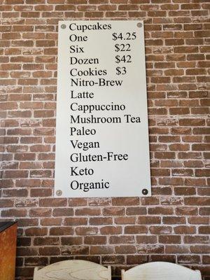 Cupcake prices and drink options.