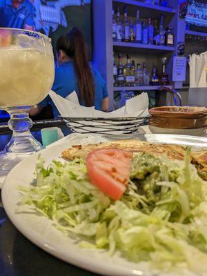 Spinach quesadilla and coconut margarita.