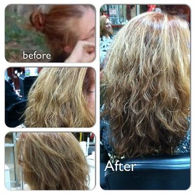 Before Debbi, go eww at my color and style. After views, Debbi works magic with color, highlights, cut, curls, waves