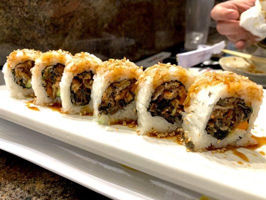 Salmon Skin Roll with "eel sauce."  I prefer it with ponzu but it was still crunchy enough.