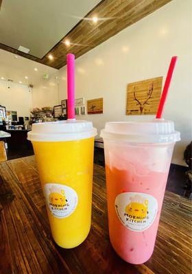 Orange slushy (left) , Pink milk ( right)