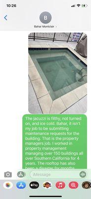 Bahar me the jacuzzi was fixed and working. It was filthy and ice cold. Ive been asking her for 8 months trying to get it fixed.