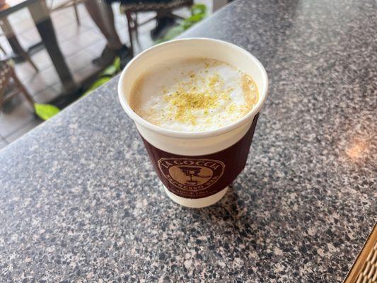 12 oz Pistachio Latte minus whipped cream - good, but I'd pass on the pistachio (tasted like almond extract) next time