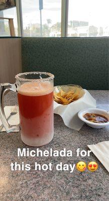 Michelada, chips & salsa while I wait for my Agua Chiles