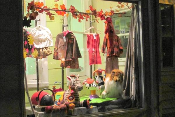 window of fall clothes, taken at night time