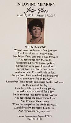 Gina prepared Memorial Poem with Picture