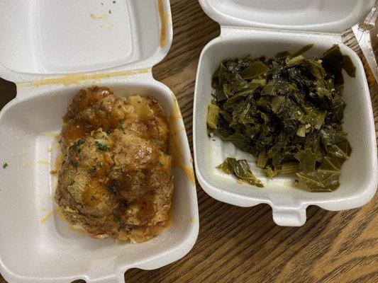 Maryland crab cakes and collard greens