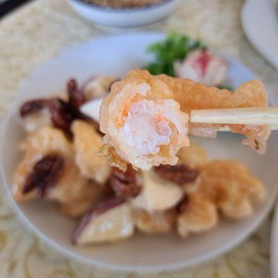 Inside Jumbo Prawns with Candied Pecans