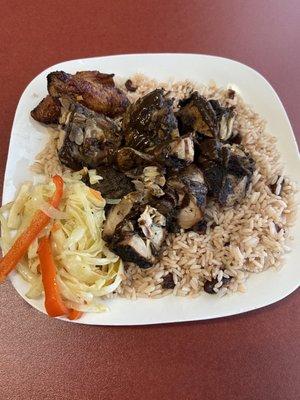 Jerk chicken plate- rice and beans, cabbage and plantains