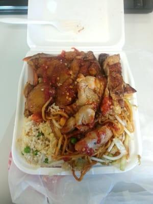 Potatoes, teriyaki chicken, chowmein and rice for under $5. Cant beat that. Plate is bursting out.