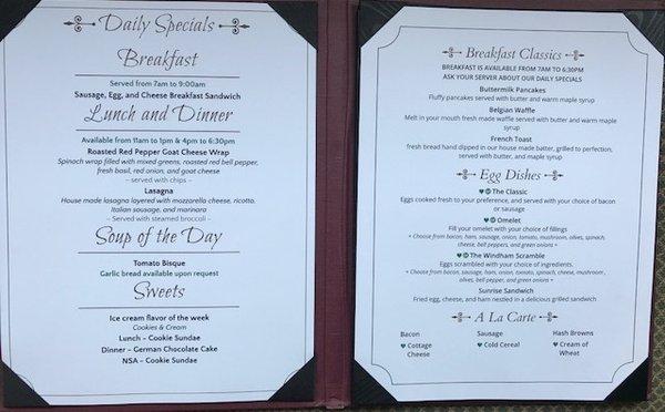 Our Daily Specials change each day. Our regular menu, including breakfast, salads, sandwiches, entrees, sides, and more, changes seasonally.