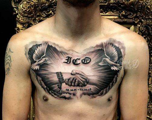 Chest plate memorial tattoo